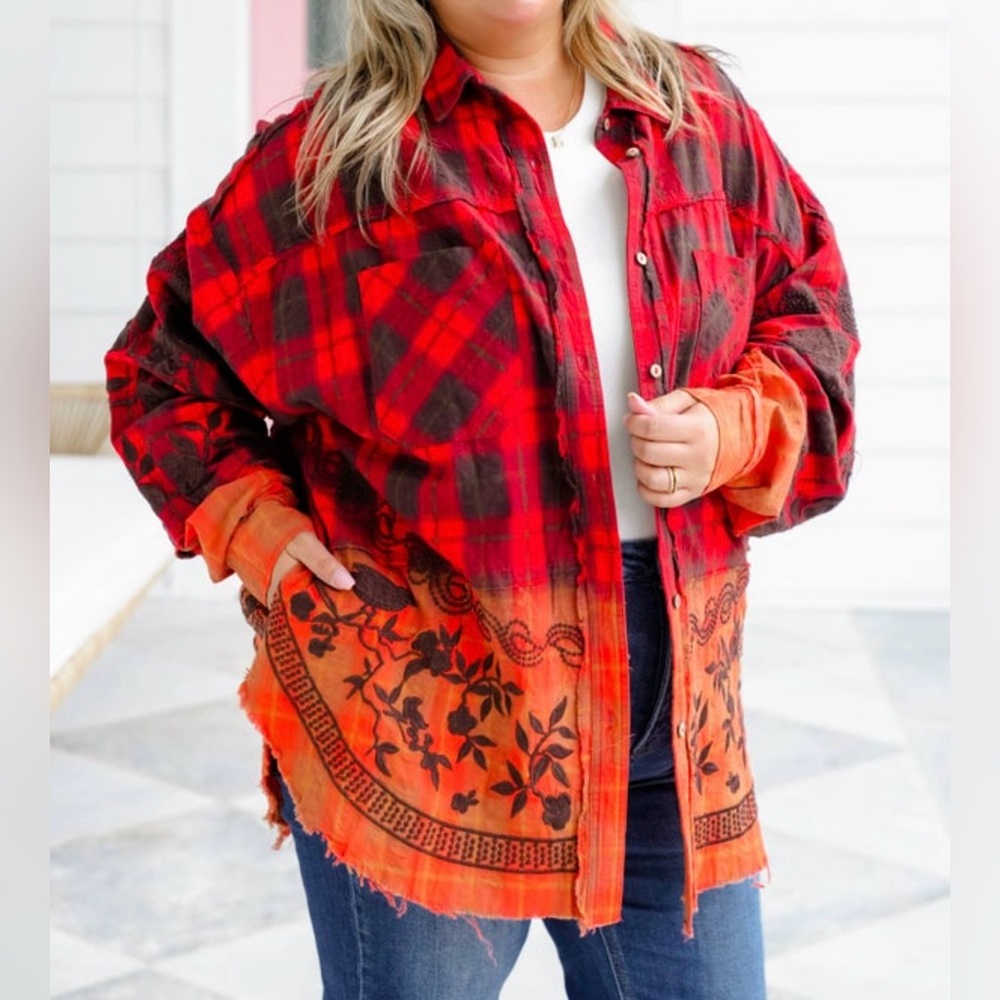 Oli & Hali dip dyed flannel with embroidery detail